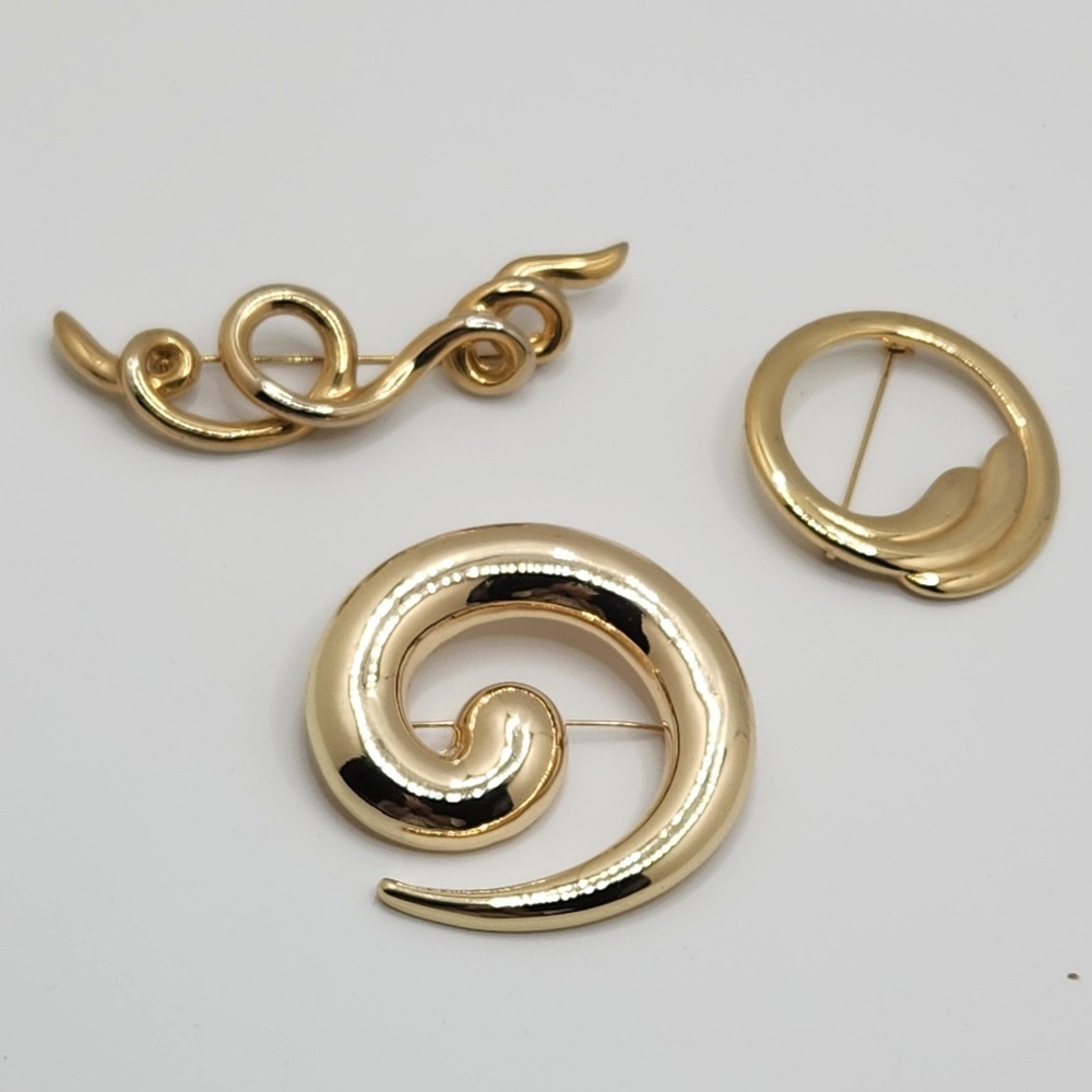 Vintage Modernist MCM Gold Tone Brooch Set 3pc Spiral Abstract Circle Squiggle